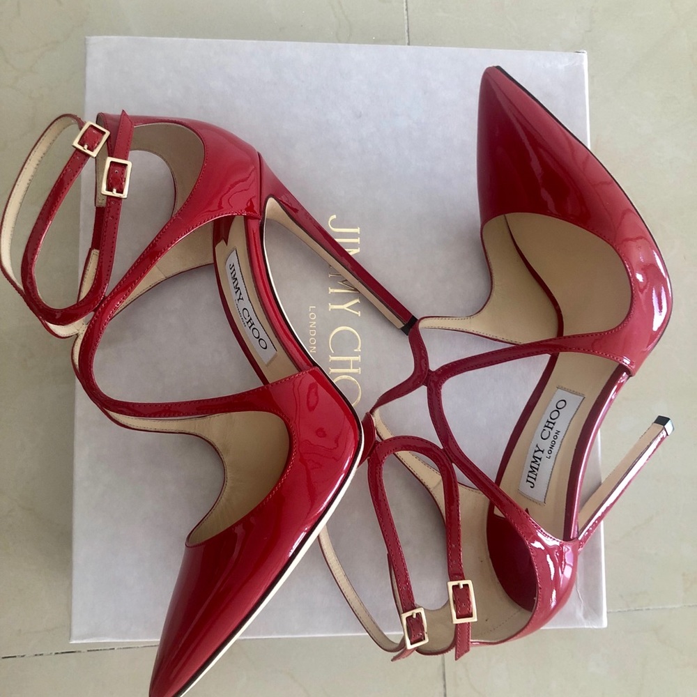 Jimmy Choo Red Patent Leather Strappy Pointed-Toe Heels - Picture 3 of 8